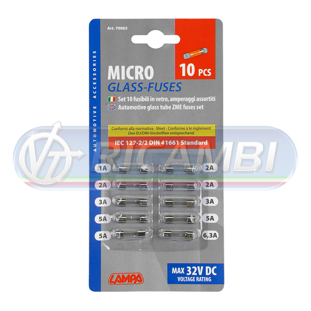 1 - KIT 10PZ FUSIBILI IN VETRO DA 1A/6,3A - TIPO CORTO