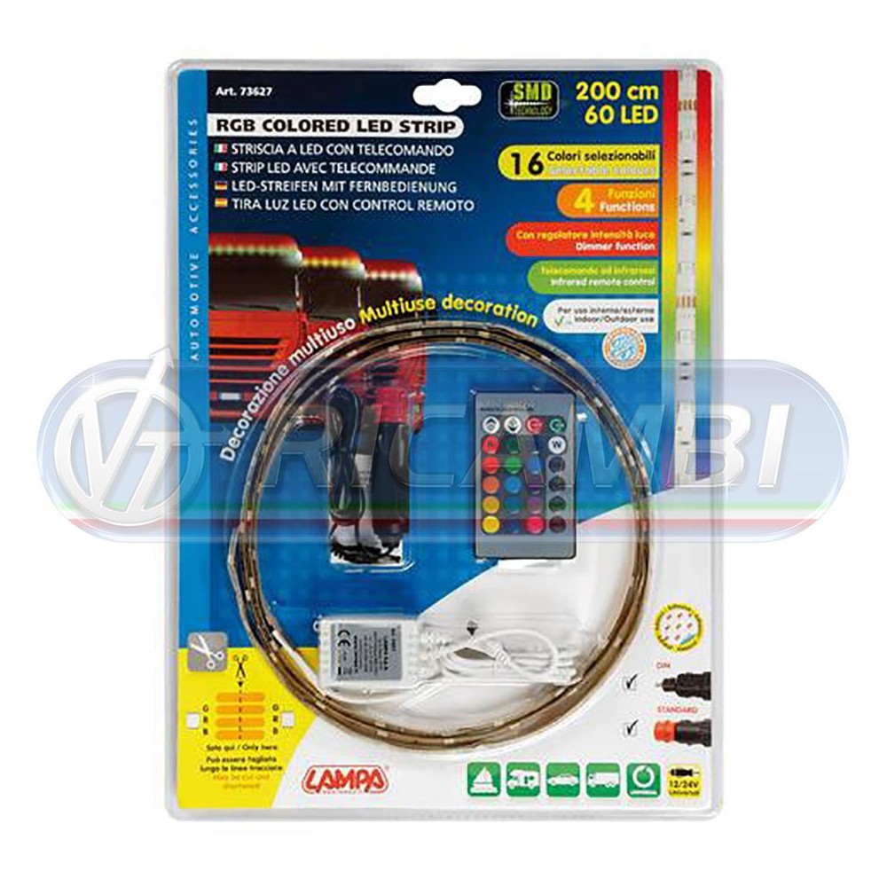 2 - LAMPADA LED A STRISCIA 12/24V 60 LED 16 COLORI L. 200 CM C/ TELECOMANDO